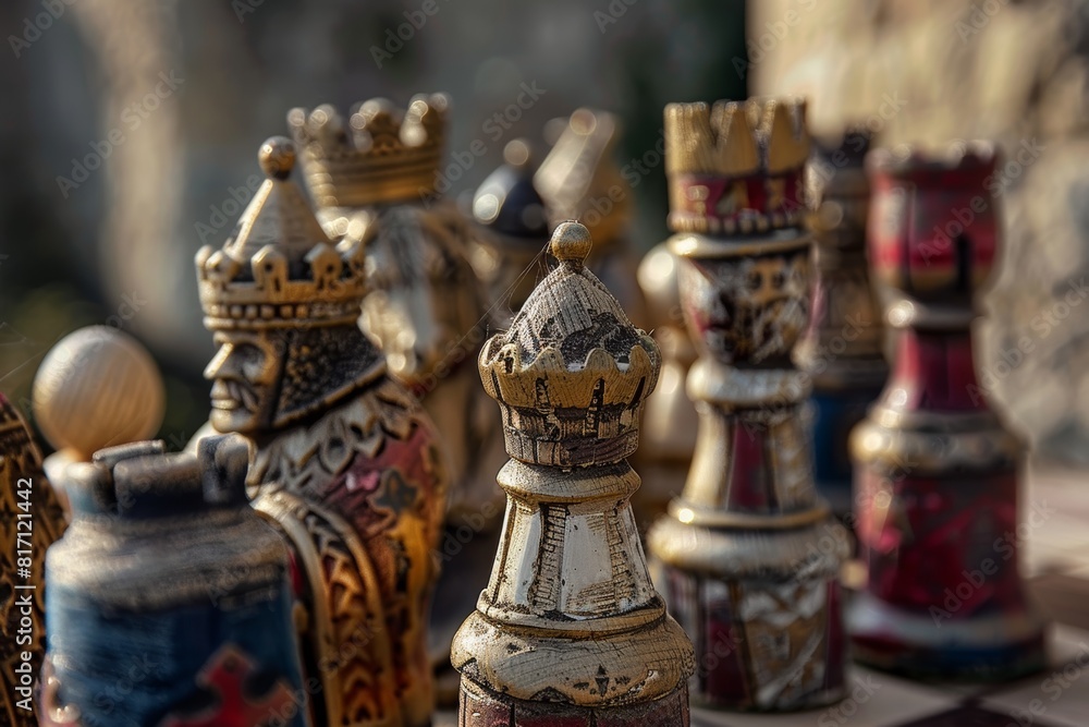 Medieval Chess Set Display in Ancient Castle Environment Medieval Chess Set Display in Ancient Castle Environment