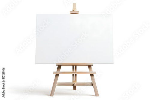 A detailed mockup of a blank canvas on an easel on a solid white background