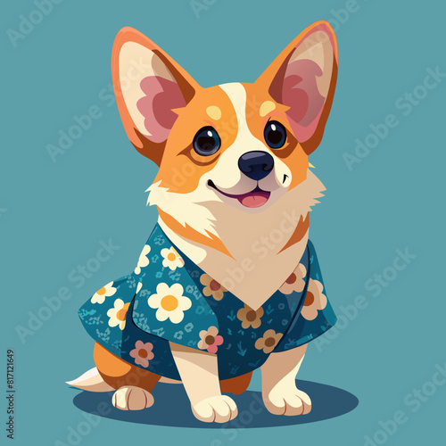 a cute corgi in a blue shirt with daisies