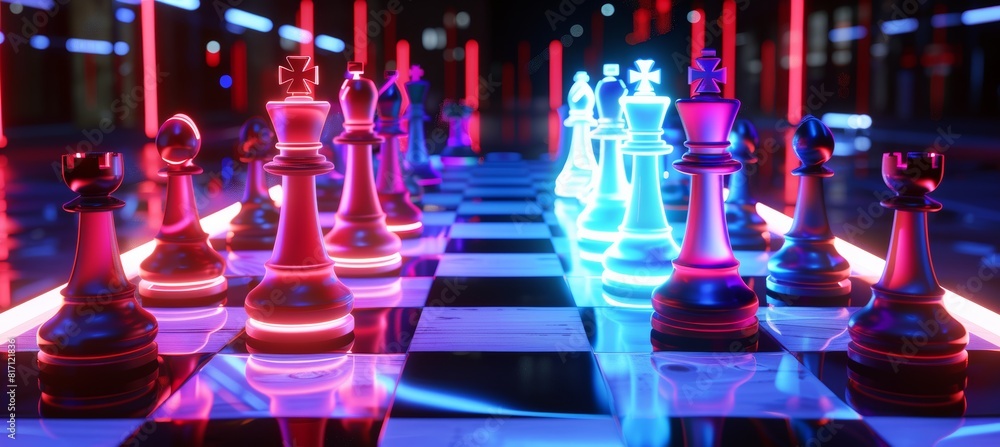 Neon-Lit Chess Game in Startup Hub, Symbolizing Business Strategy and Dynamics Neon-Lit Chess Game in Startup Hub, Symbolizing Business Strategy and Dynamics