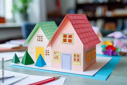 Colorful handmade paper house models on a table