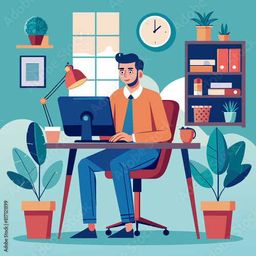 businessman in office wirh computer, books, plants and window