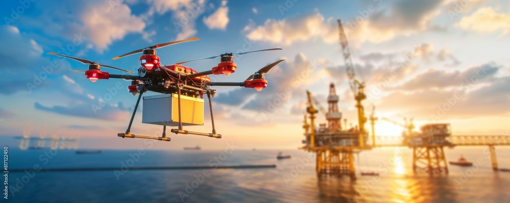 Drone Transporting Parcel to Offshore Oil Rig, Modern Air Logistics