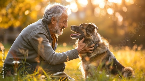 Fototapeta Naklejka Na Ścianę i Meble -  man playing with his dog in a park on a sunset