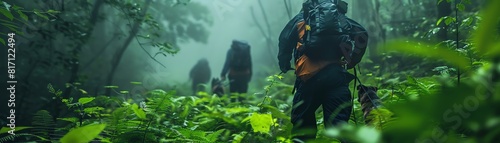 Search and rescue operation in a dense forest, rescue dogs leading the way photo