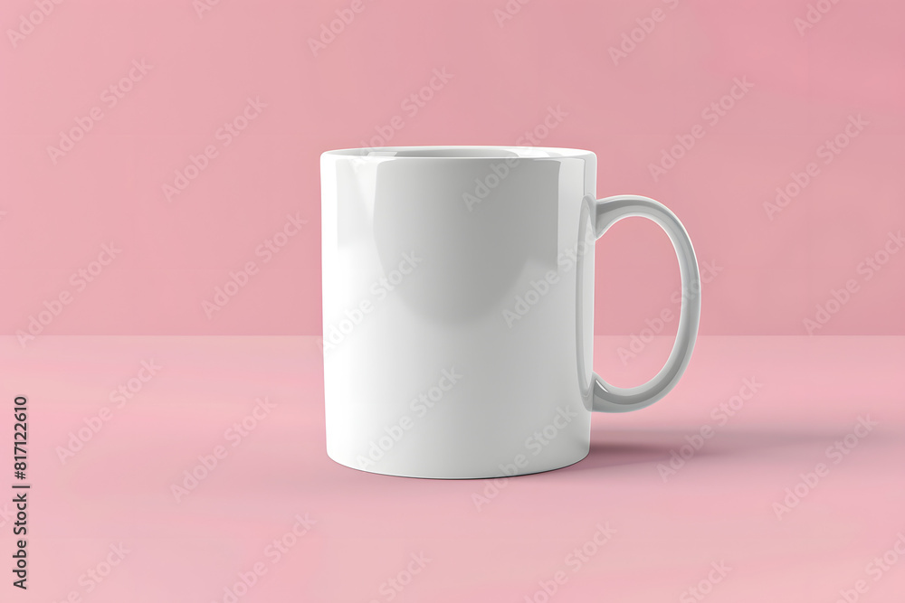 A detailed mockup of a blank coffee mug on a solid pastel pink background A detailed mockup of a blank coffee mug on a solid pastel pink background
