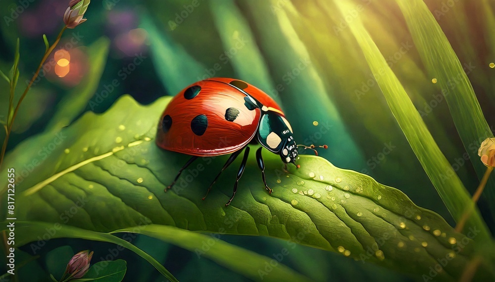 Fototapeta premium ladybug on green leaf