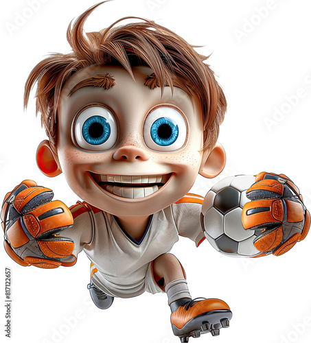 3D Fußballspieler Torwart, Charakter als Cartoon Figur, großer Kopf, kleiner Körper, in Aktion, mit Fußball als Freisteller