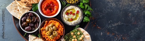 Top view of a Lebanese mezze platter with various appetizers and dips, using the rule of thirds, with ample copy space
