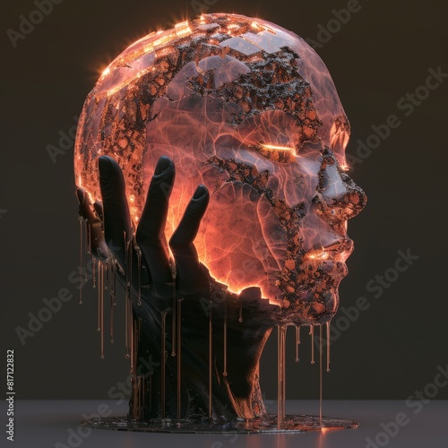 3D rendering of an abstract sculpture with a woman's head and hand facing the viewer on a dark background