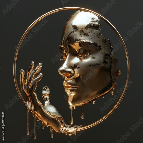 An illustration depicting an abstract female head with gold