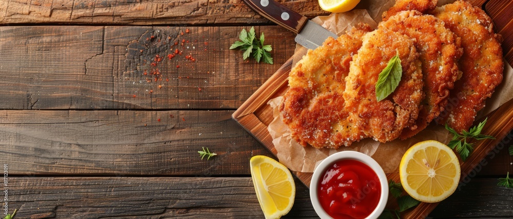 custom made wallpaper toronto digitalTop view of Argentinian milanesa with lemon, using the rule of thirds, with ample copy space, crispy and zesty, high-quality image
