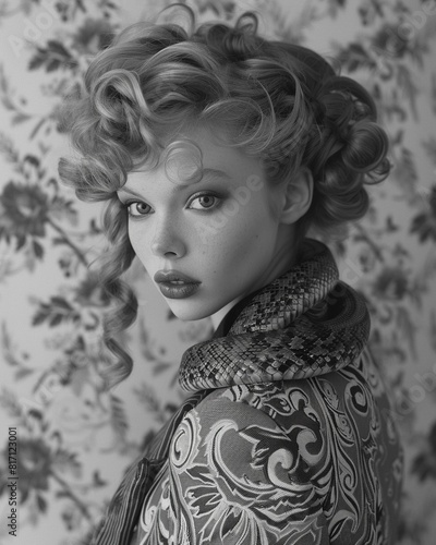 Rockabilly fashion lagertha with a rattlesnake wrapped around her wearing a suit in the style of rococo photo