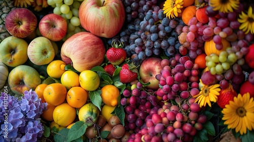 A variety of fresh  healthy fruits like apples  oranges  and bananas alongside colorful vegetables