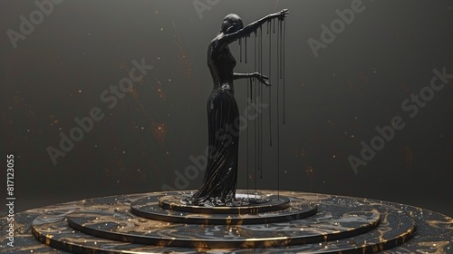A black and gold sculpture of a woman raising her hand, with paint dripping from it, standing on a round platform on a dark gray background