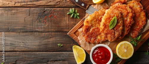Top view of Argentinian milanesa with lemon, using the rule of thirds, with ample copy space, crispy and zesty, high-quality image