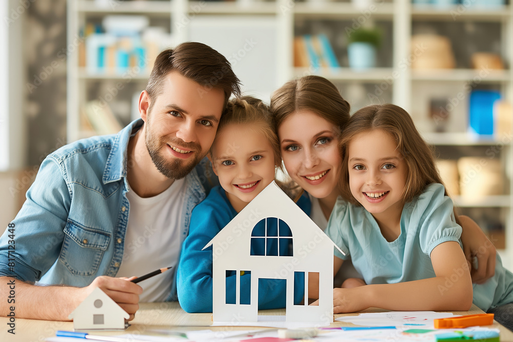Smiling family with parents and two young daughters, showcasing a handmade paper house model, symbolizing concepts of real estate, mortgage, home investment, and family bonding in cozy indoor setting Smiling family with parents and two young daughters, showcasing a handmade paper house model, symbolizing concepts of real estate, mortgage, home investment, and family bonding in cozy indoor setting