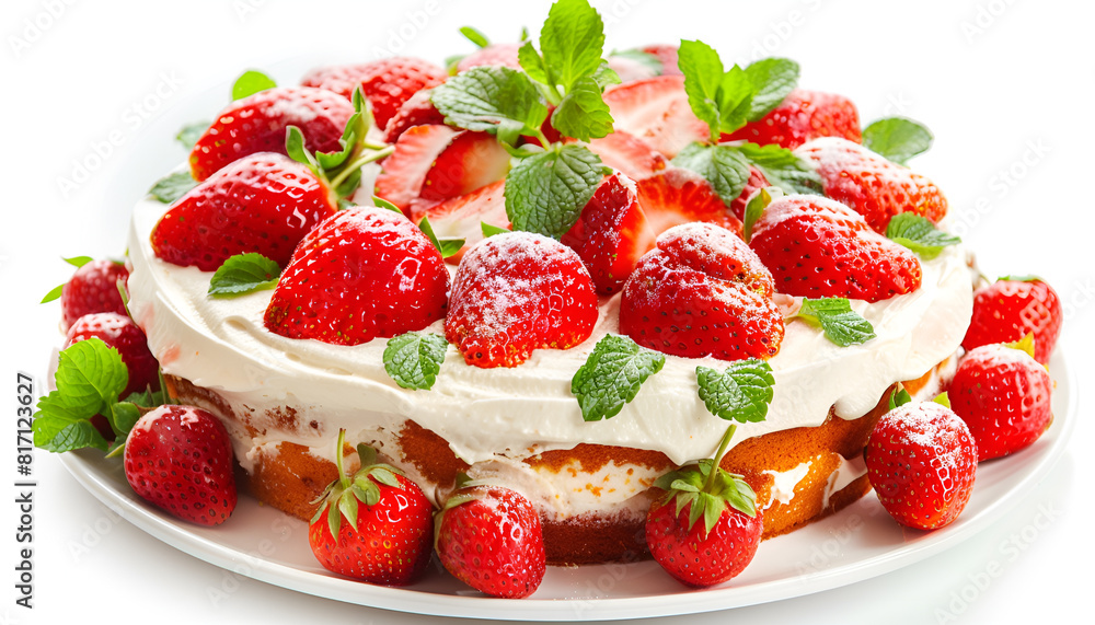 Tasty cake with fresh strawberries and mint isolated on white Tasty cake with fresh strawberries and mint isolated on white