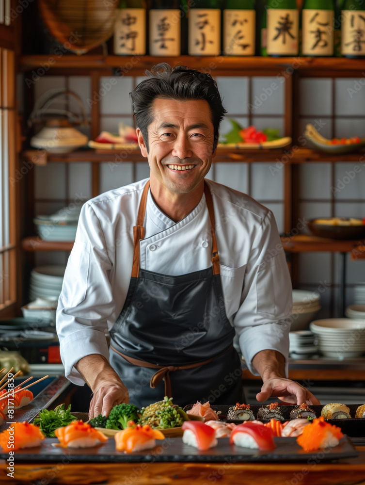 Friendly cheerful chef in a traditional japanese restaurants kitchen with fish food and sushi. Portrait. Job and profession. Friendly cheerful chef in a traditional japanese restaurants kitchen with fish food and sushi. Portrait. Job and profession.