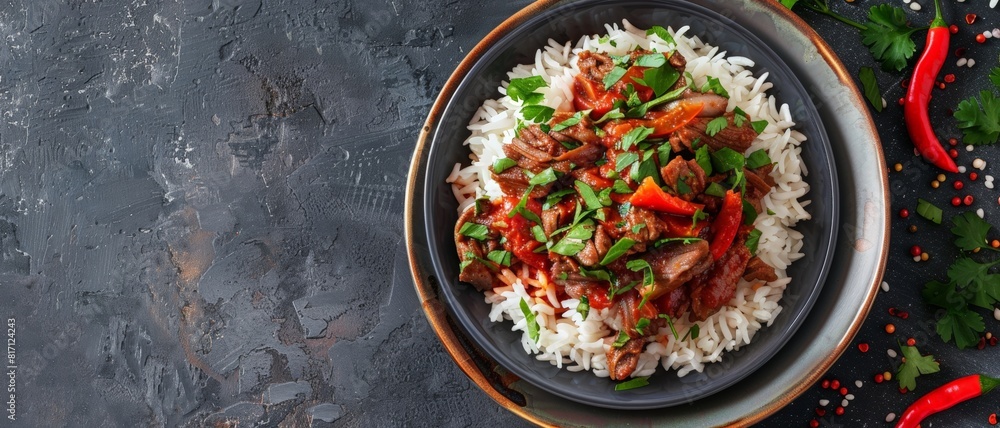 Top view of Cuban ropa vieja with rice, using the rule of thirds, with ample copy space, savory and hearty, high-quality image Top view of Cuban ropa vieja with rice, using the rule of thirds, with ample copy space, savory and hearty, high-quality image