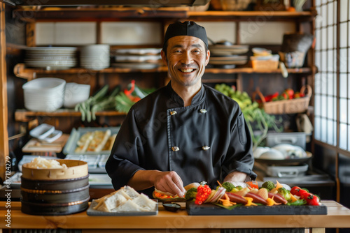 Friendly cheerful chef in a traditional japanese restaurants kitchen with fish food and sushi. Portrait. Job and profession.
