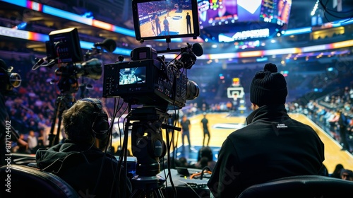 Fototapeta Naklejka Na Ścianę i Meble -  Behind-the-Scenes at a Live Basketball Broadcast in a Bustling Arena