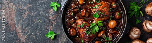 Top view of French coq au vin with mushrooms, using the rule of thirds, with ample copy space, rich and savory, high-quality image