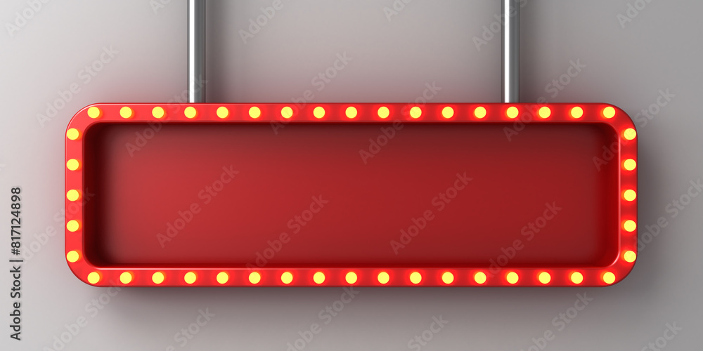 Hanging blank red long sign banner or retro billboard display box or blank long red signboard with glowing yellow neon light bulbs isolated on dark white wall background with shadow 3D rendering