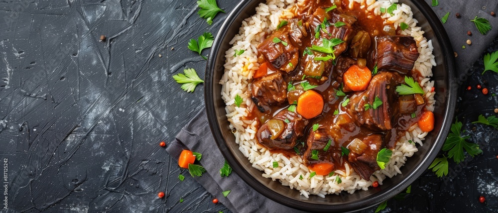 Top view of Caribbean oxtail stew with rice, using the rule of thirds, with ample copy space, hearty and savory, high-quality image Top view of Caribbean oxtail stew with rice, using the rule of thirds, with ample copy space, hearty and savory, high-quality image
