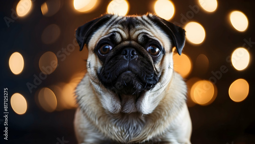 Adorable pug with sparkling backdrop