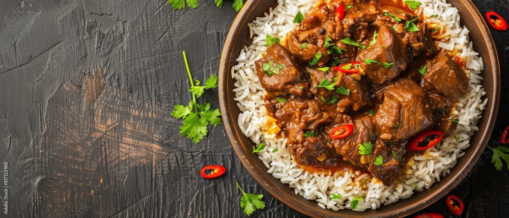 Top view of Caribbean curry goat with rice, using the rule of thirds, with ample copy space, rich and spicy, high-quality image Top view of Caribbean curry goat with rice, using the rule of thirds, with ample copy space, rich and spicy, high-quality image
