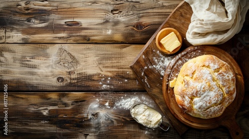 Top view of Australian damper with butter, using the rule of thirds, with ample copy space, rustic and warm, high-quality image