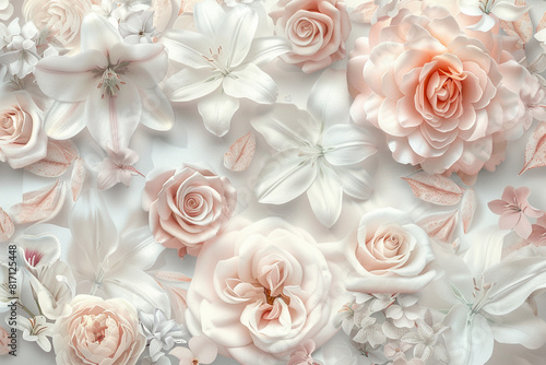 Delicate Romantic Floral Wedding Invitation with Roses, Peonies, and Lilies - Pastel Watercolor Illustration