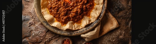 Top view of Ethiopian kitfo with injera, using the rule of thirds, with ample copy space, spicy and rich, high-quality image photo