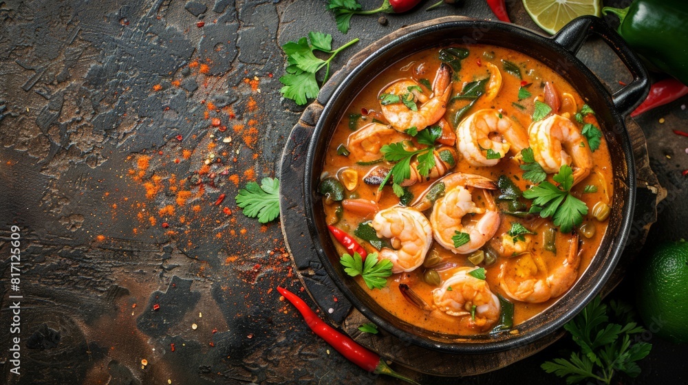 Top view of Brazilian moqueca with seafood, using the rule of thirds, with ample copy space, flavorful and creamy, high-quality image Top view of Brazilian moqueca with seafood, using the rule of thirds, with ample copy space, flavorful and creamy, high-quality image