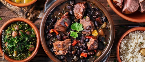 Top view of a Brazilian feijoada with black beans and various meats, using the rule of thirds, with ample copy space photo