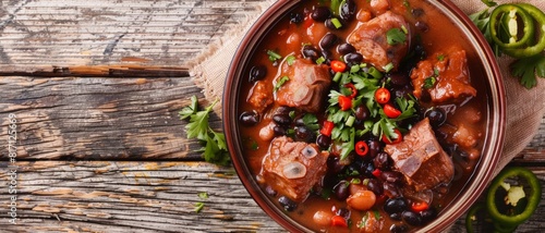 Top view of a Brazilian feijoada with black beans and various meats, using the rule of thirds, with ample copy space photo