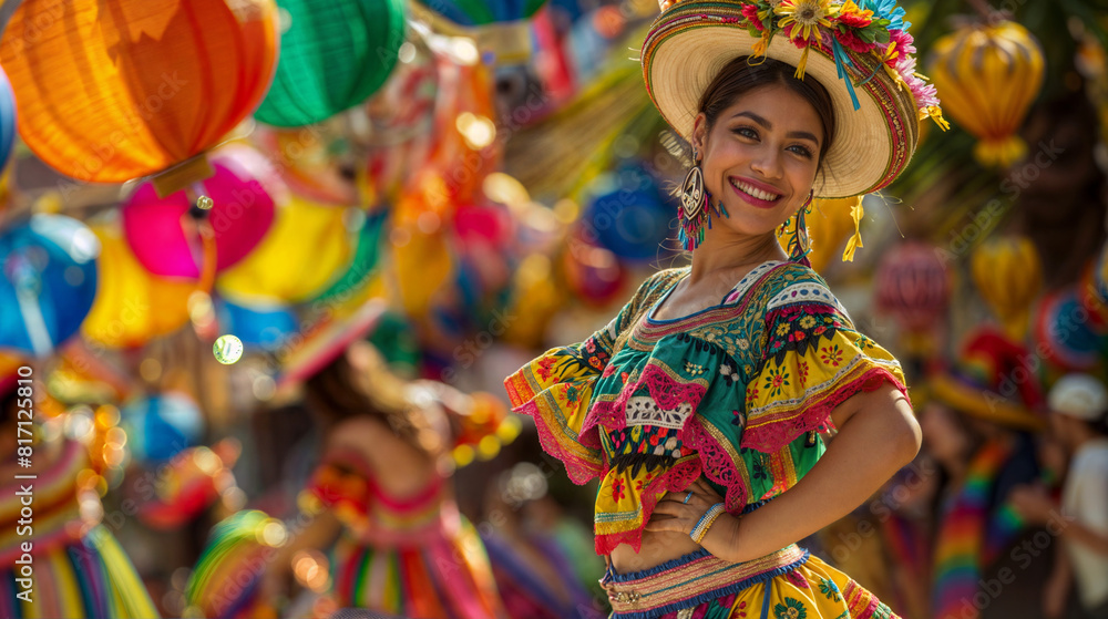 A woman wearing a traditional Brazilian Festa Junina dress is pointing at the camera. In the background, there are colorful decorations and other people dressed in colorful costumes.