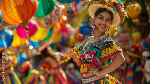 A woman wearing a traditional Brazilian Festa Junina dress is pointing at the camera. In the background, there are colorful decorations and other people dressed in colorful costumes.