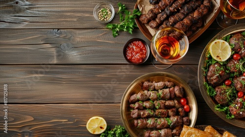 Top view of a traditional Turkish meal including kebabs, baklava, and Turkish tea, using the rule of thirds, with ample copy space photo