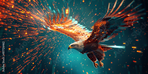 Frame a cybernetic eagle mid-flight from a dynamic