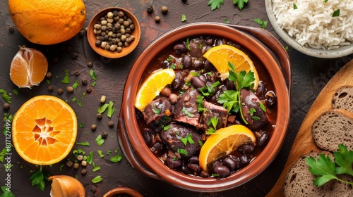 Top view of Brazilian feijoada with oranges, using the rule of thirds, with ample copy space, rich and hearty, high-quality image