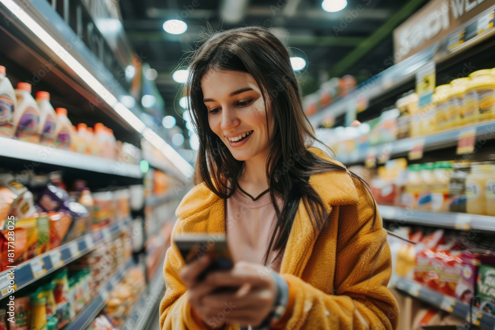 Woman in a supermarket going through checklist on smartphone