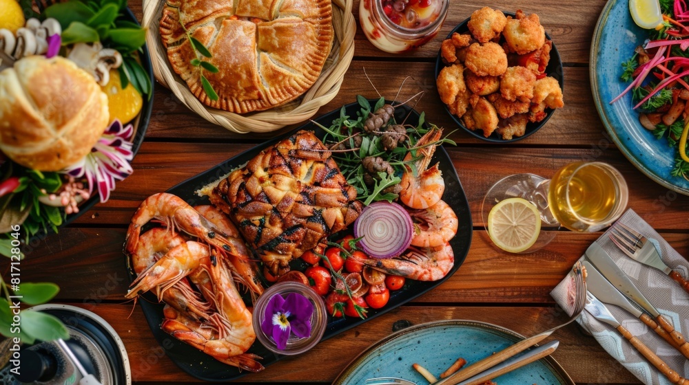 Top view of a vibrant Australian meal including meat pie, barbecued prawns, and lamingtons, using the rule of thirds, with ample copy space Top view of a vibrant Australian meal including meat pie, barbecued prawns, and lamingtons, using the rule of thirds, with ample copy space
