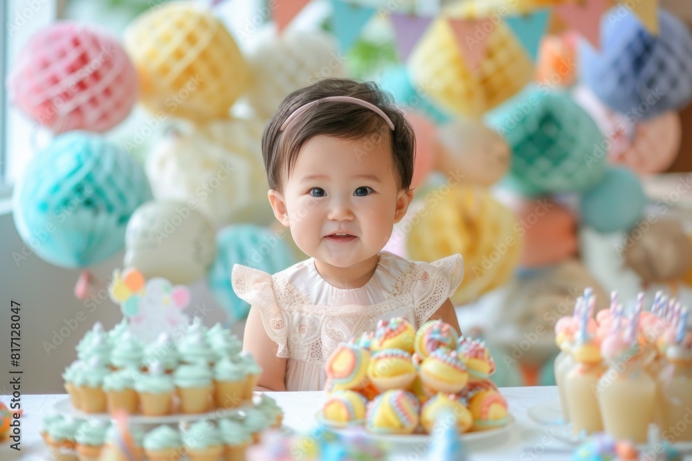 A toddler smiles happily at a table decorated with cupcakes and balloons A toddler smiles happily at a table decorated with cupcakes and balloons