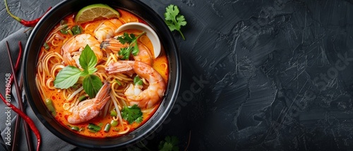 Top view of a Malaysian laksa noodle soup with seafood, using the rule of thirds, with ample copy space