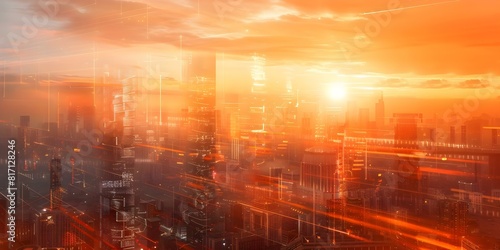 Futuristic Cityscape at Sunset  Apocalyptic Vision with Tall Buildings and AI Technology. Concept Futuristic Cityscapes  Sunset Photography  Apocalyptic Visions  Tall Buildings  AI Technology 