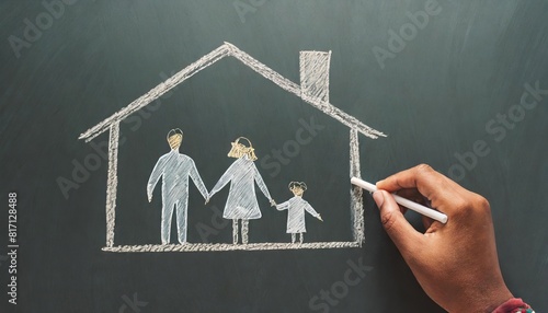 hand drawing roof on the family on chalkboard. home ownership concept  photo