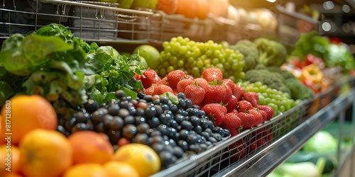 A Vibrant Assortment of Fresh Produce Displayed in a Cart. Concept Grocery Shopping  Fresh Fruits  Vibrant Colors  Market Display  Cart Display