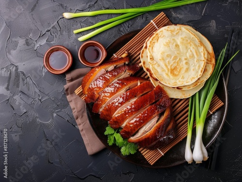 Top view of Chinese Peking duck with pancakes, using the rule of thirds, with ample copy space, rich and flavorful, high-quality image